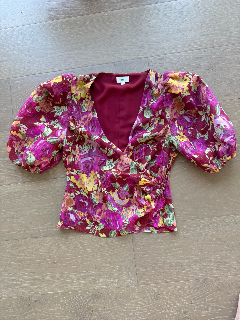 LPA Floral Puff-Sleeve Wrap Top in Magenta, Yellow and Green